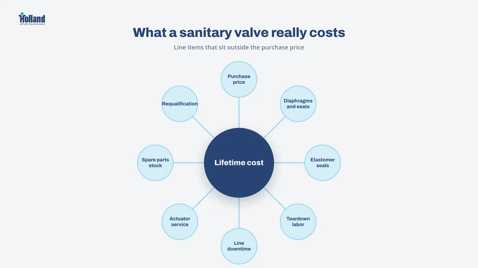 Hub diagram of sanitary valve lifetime cost line items beyond purchase price